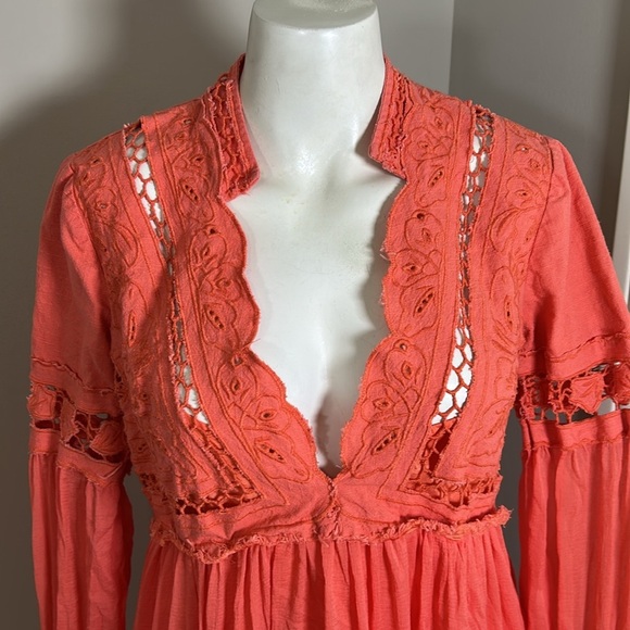 Free People In Dreamland Dress Coral Long
Sleeve Mini Cut Out Vneck Sz 4 - Picture 3 of 15
